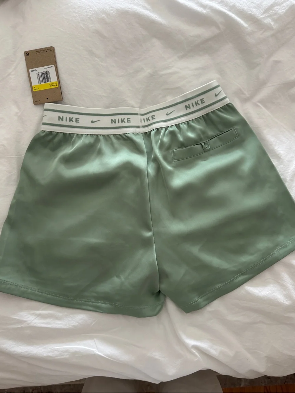 Nike Women's Sage Green Athletic Shorts with White Logo Waistband